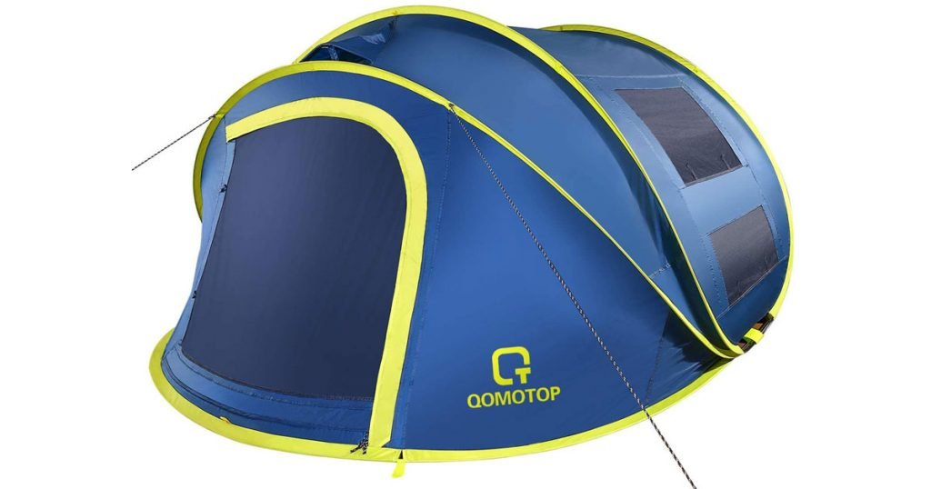 A blue and green 4 person waterproof tent on a white background.