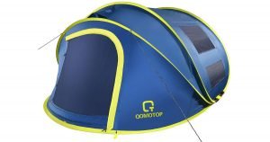 A blue and green 4 person waterproof tent on a white background.