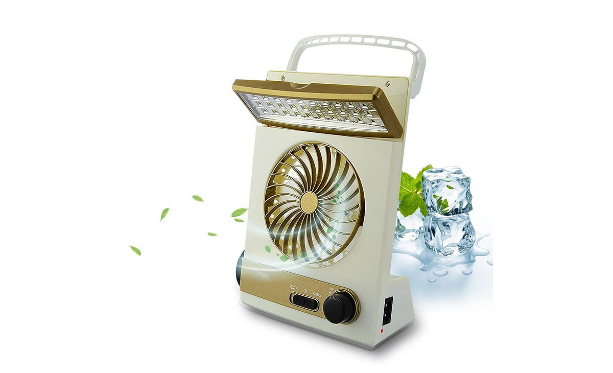 The gold and eggshell BicycleStore 3 in 1 Multi-function Portable Mini Fan LED Table Lamp solar lantern.