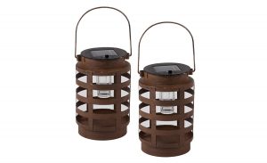 The Clever Creations Premium Solar Powered LED Lantern with wood grain stainless steel design.