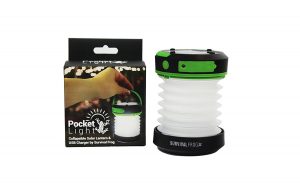 The collapsible, survival Frog Pocket Light LED Solar Camping Lantern and flashlight.