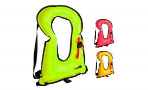 The X-Lounger Inflatable Life Jacket Snorkel Vest in green, red, and yellow.