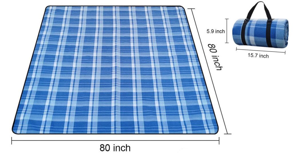 A blue checkered waterproof picnic blanket on a white background. 