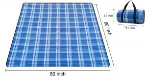 A blue checkered waterproof picnic blanket on a white background.