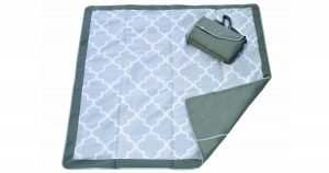 A gray and blue picnic and beach blanket on a white background.