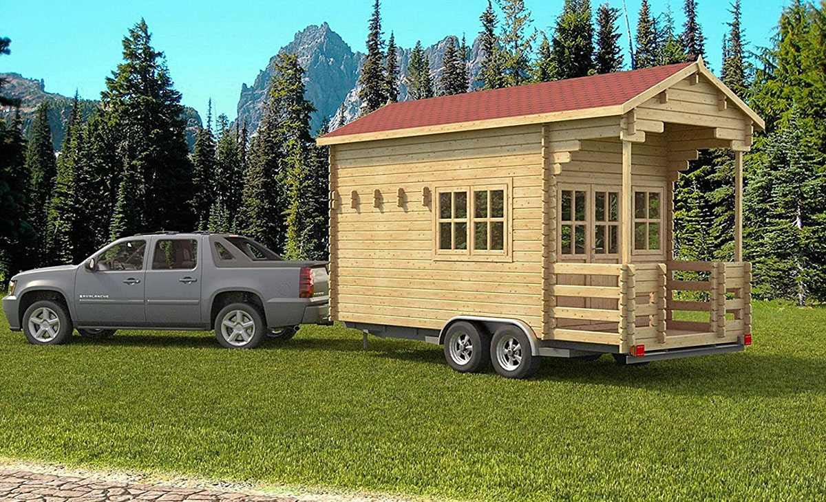 The Allwood Pioneer prefabricated cabin on a trailer.