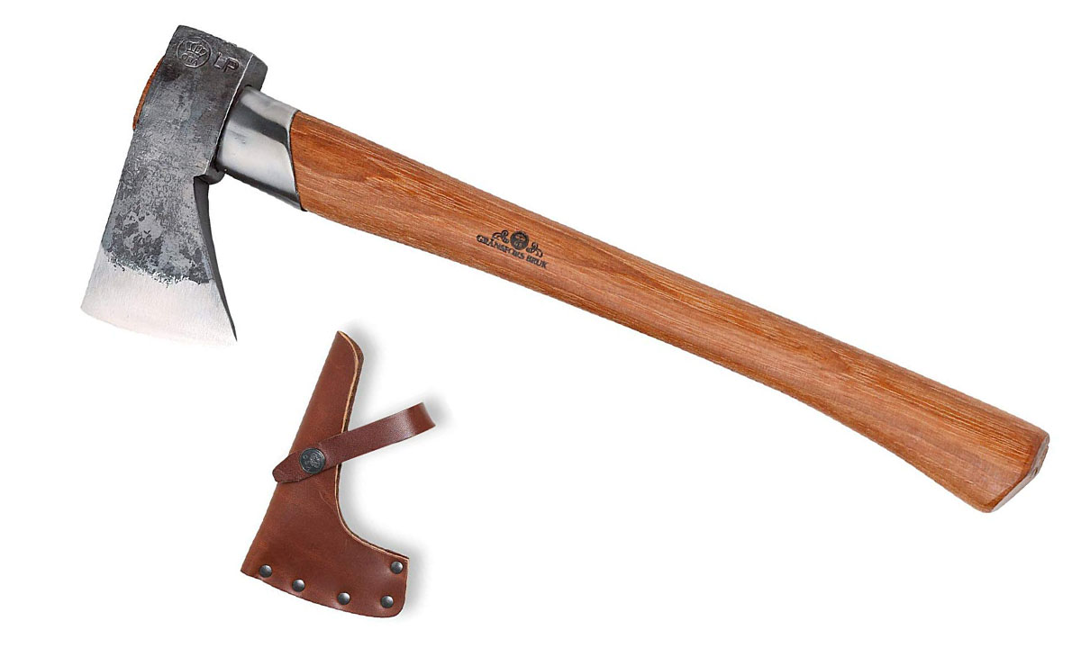 Wooden-handled Gransfors Bruks axe with leather sheath.