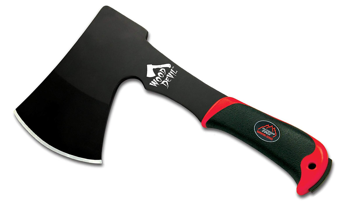 The black and red Outdoor Edge Wood Devil hatchet.