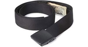 Black Active Roots Security Belt with money in a zipper pouch.