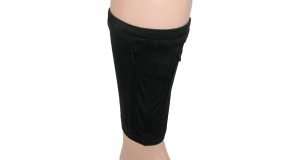 Black Enroute Deluxe Travel Leg Safe strapped to a leg.