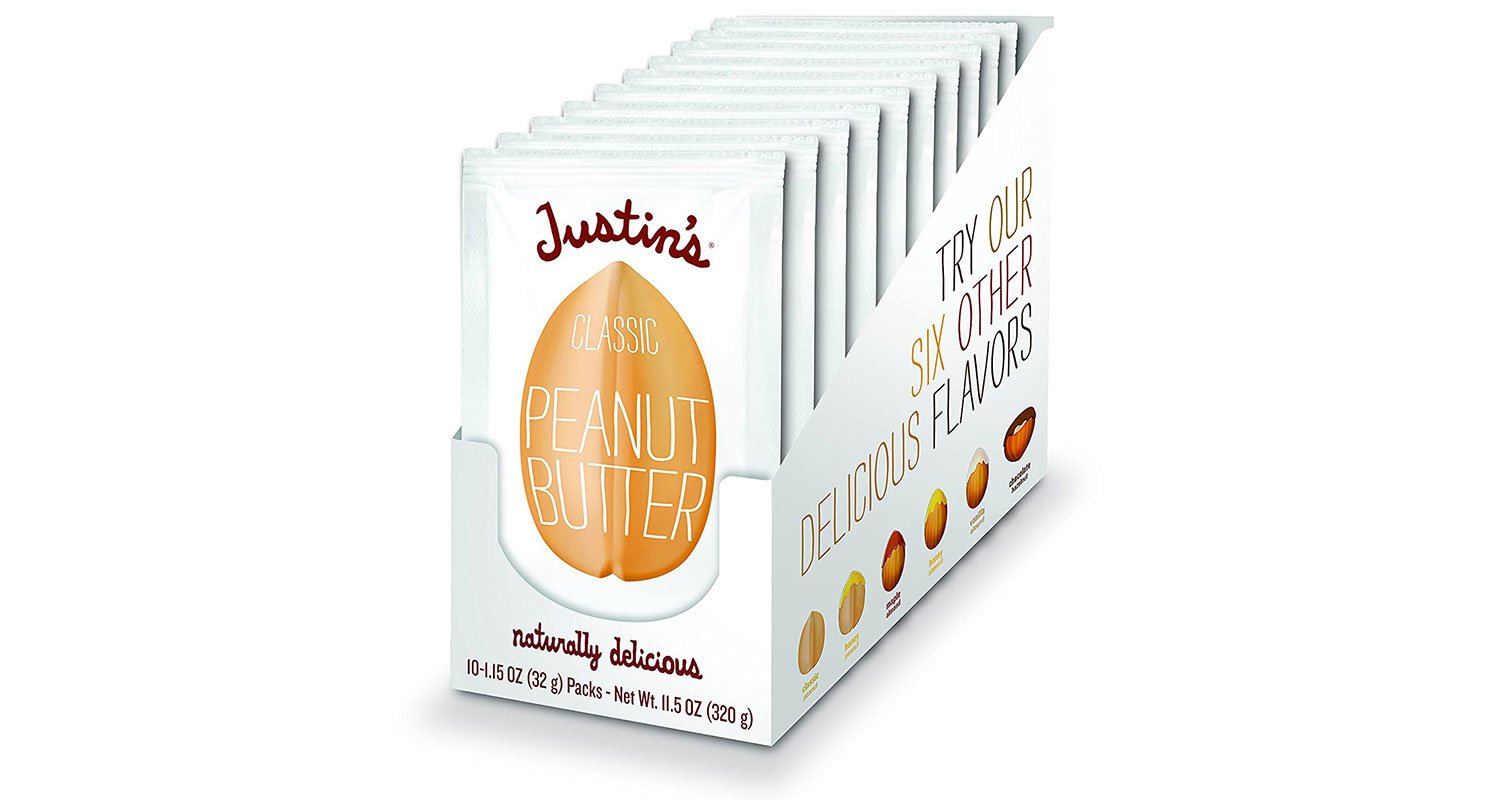 Ten white Justin’s Nut Butter packets in white box.