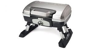 Chrome toped Cuisinart CGG-180TS Petit Gourmet Portable Tabletop Gas Grill with foldable legs.