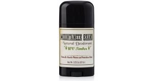 Black container Mountaineer Natural Aluminum-Free Deodorant Stick with white label.