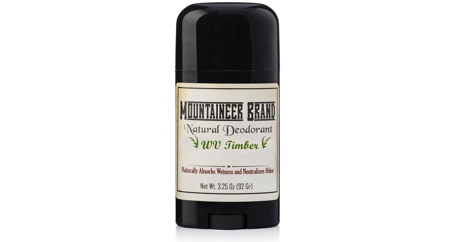 Black container Mountaineer Natural Aluminum-Free Deodorant Stick with white label.