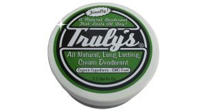 Truly's Natural Deodorant white container with green label.