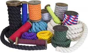 A variety of twisted ropes on a white background.