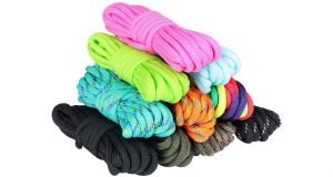 Eight different styles of paracord stacked on top of each other.