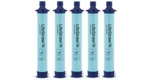 Five blue LifeStraw Personal Water Filters lined up.