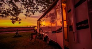 Sunset reflected off of an RV