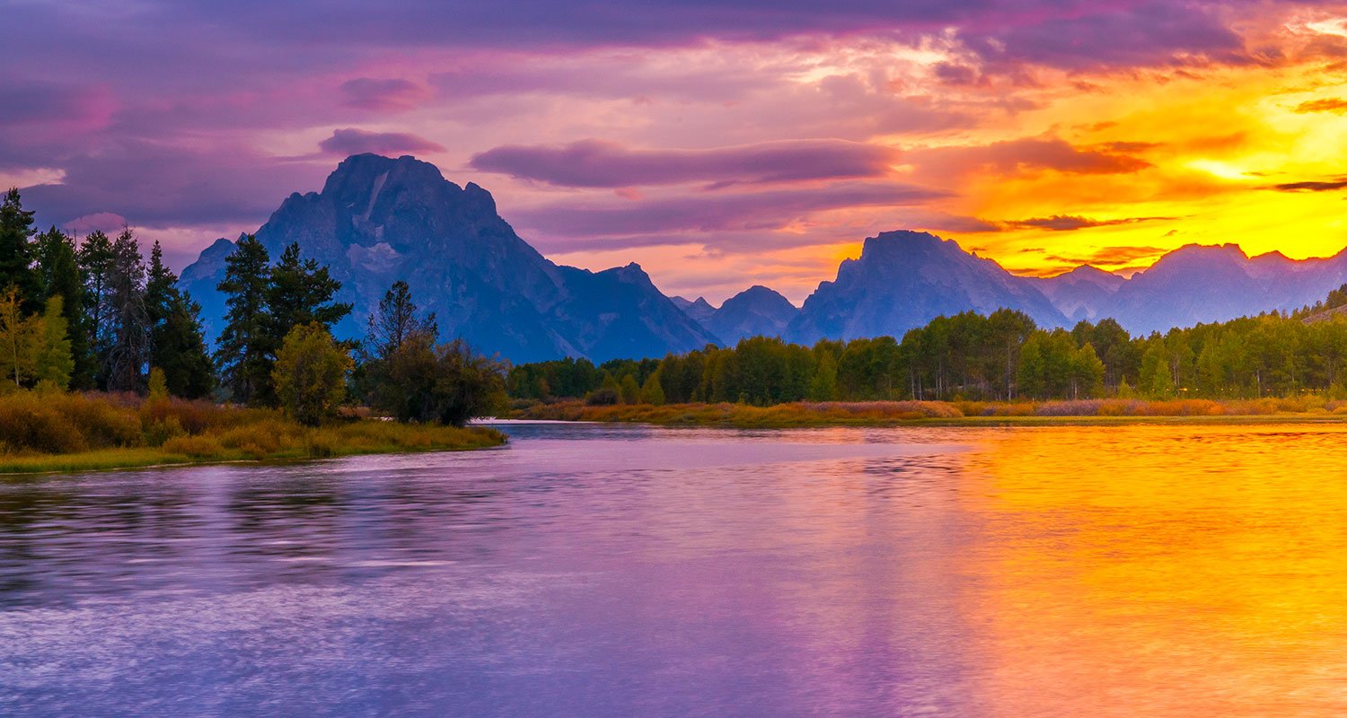 Sunset over lake in Grant Tetons National Park